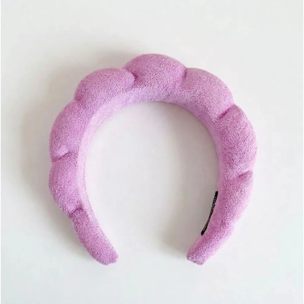 Purple Puffy Terry Cloth Spa Headband & Wrist Wash Band Set Skincare Makeup NEW